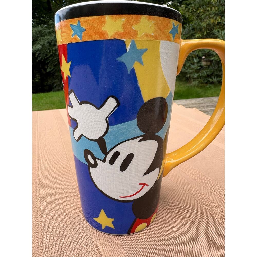 Disney Store Mickey Mouse Goofy Tall Ceramic Mug Colorful Stars 6.5” Thailand